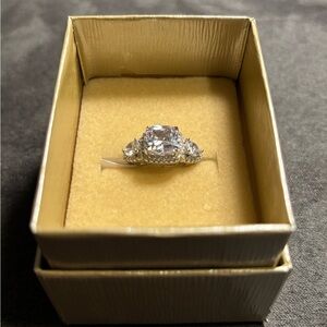 Elegant Silver Three Stone with Halos Women's Ring Size 7 New In Box